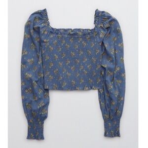 Aerie Long Sleeve Pretty Smocked Navy Floral Cropped Blouse